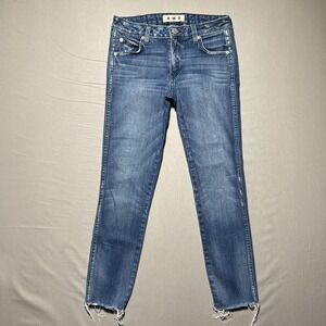 AMO Stix Crop Jeans Womens 27 Blue Pacific Distressed Raw Hem Skinny Denim USA